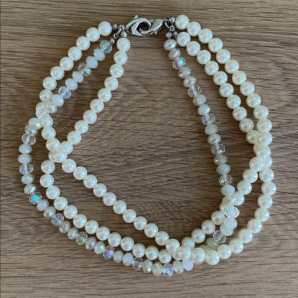 VINTAGE HANDMADE FAUX PEARL & CRYSTAL CHOKER NECKLACE White Triple Strand Bridal - Picture 4 of 8